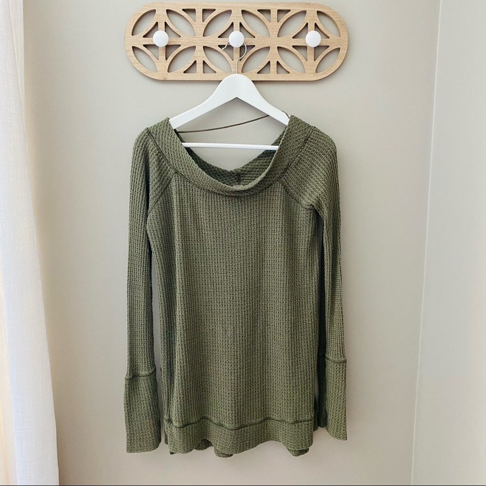 Free People Waffle Knit Split Hem Tunic Top Green Sz Medium